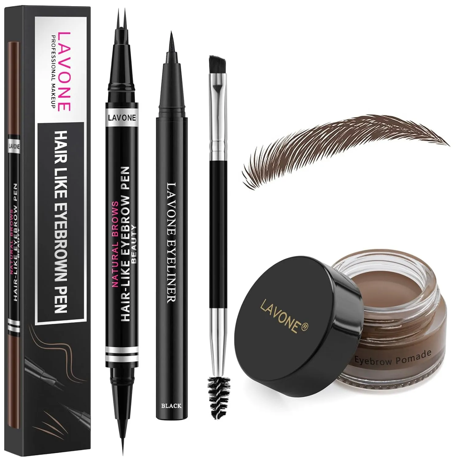 Eyebrow Pen Kit, with 2 Tip Waterproof Microblading Eyebrow Pencil, Eyebrow Pomade, Eyeliner and Dual-ended Eyebrow Brush - 07 Dark Brown