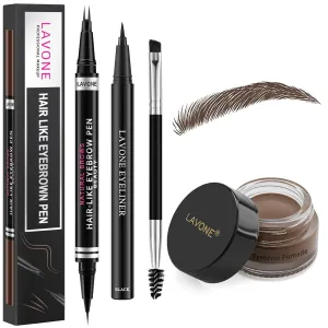 Eyebrow Pen Kit, with 2 Tip Waterproof Microblading Eyebrow Pencil, Eyebrow Pomade, Eyeliner and Dual-ended Eyebrow Brush - 07 Dark Brown