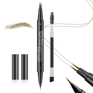 Eyebrow Pencil Curved Eyebrow Pen - Microblading Eyebrow Pen 2-in-1 Dual-Ended with 2-Fork-Tip & Precise Brush-Tip with Eyebrow Brush, Waterproof Natural Brow for Women (Light Brown)