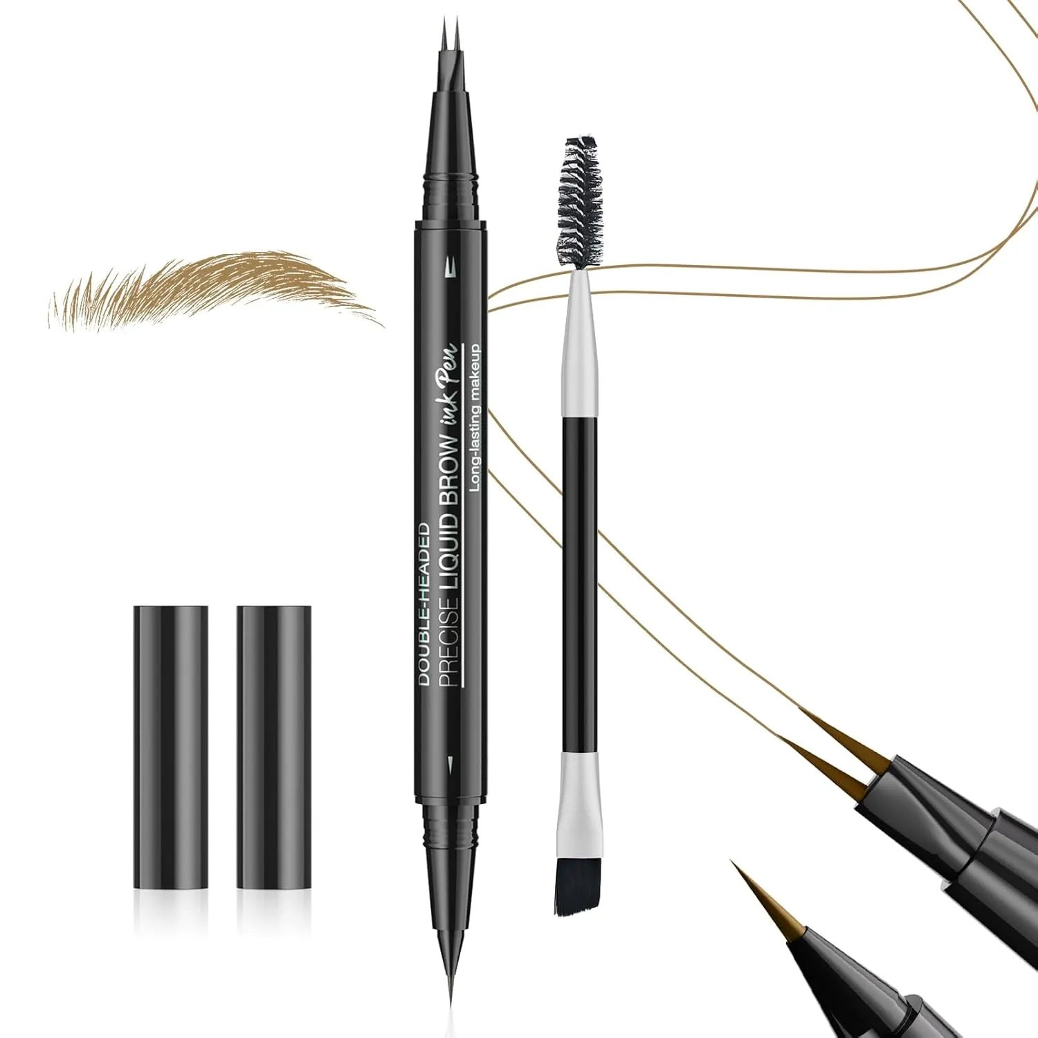 Eyebrow Pencil Curved Eyebrow Pen - Microblading Eyebrow Pen 2-in-1 Dual-Ended with 2-Fork-Tip & Precise Brush-Tip with Eyebrow Brush, Waterproof Natural Brow for Women (Light Brown)