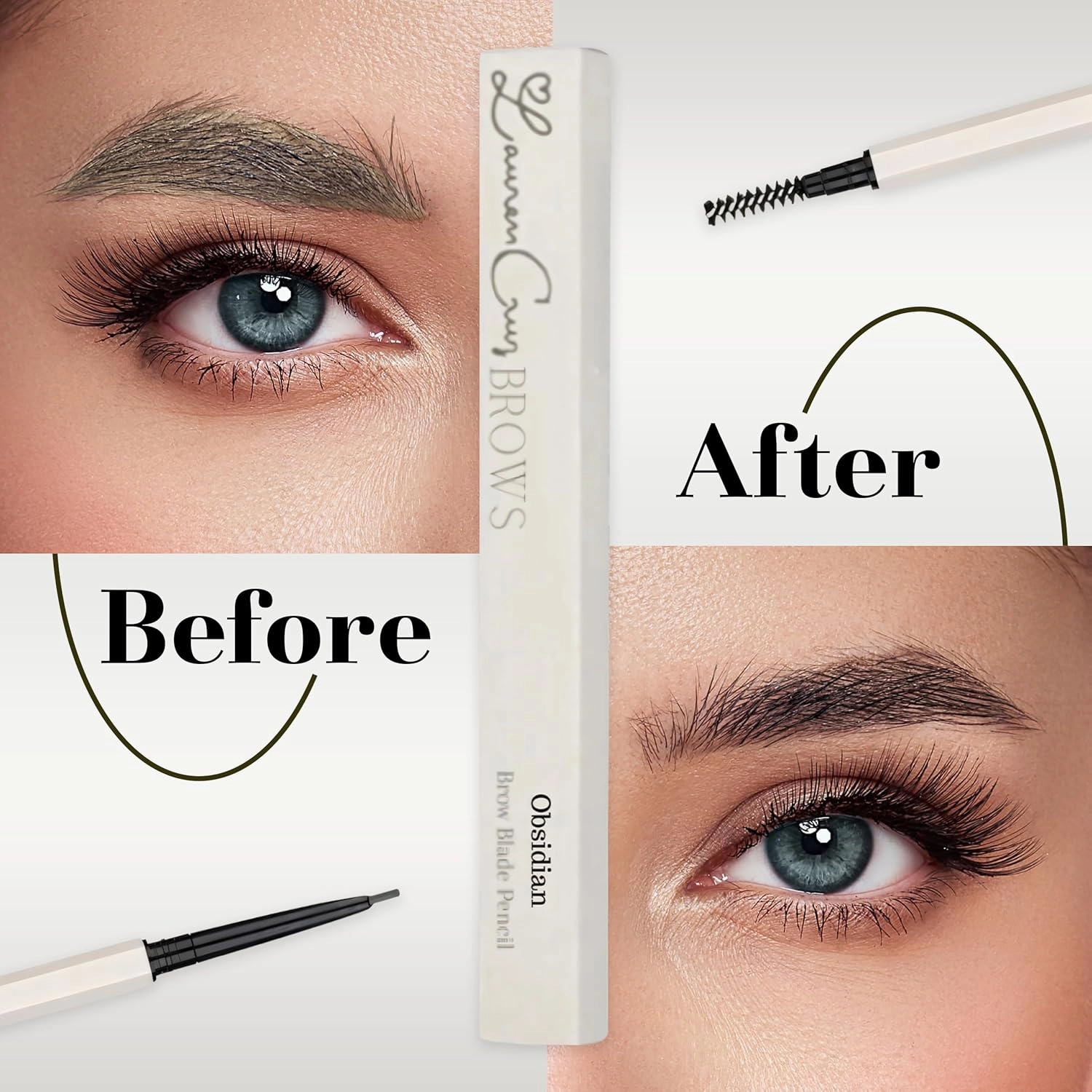 Eyebrow Pencil Make Up for Women - Long-lasting and Waterproof Eyebrow Pencil by Lauren Cruz - Dual-Ended Eyebrow Pen with Micro-tip and Spoolie -Fuller Look Brow Pencil - Obsidian