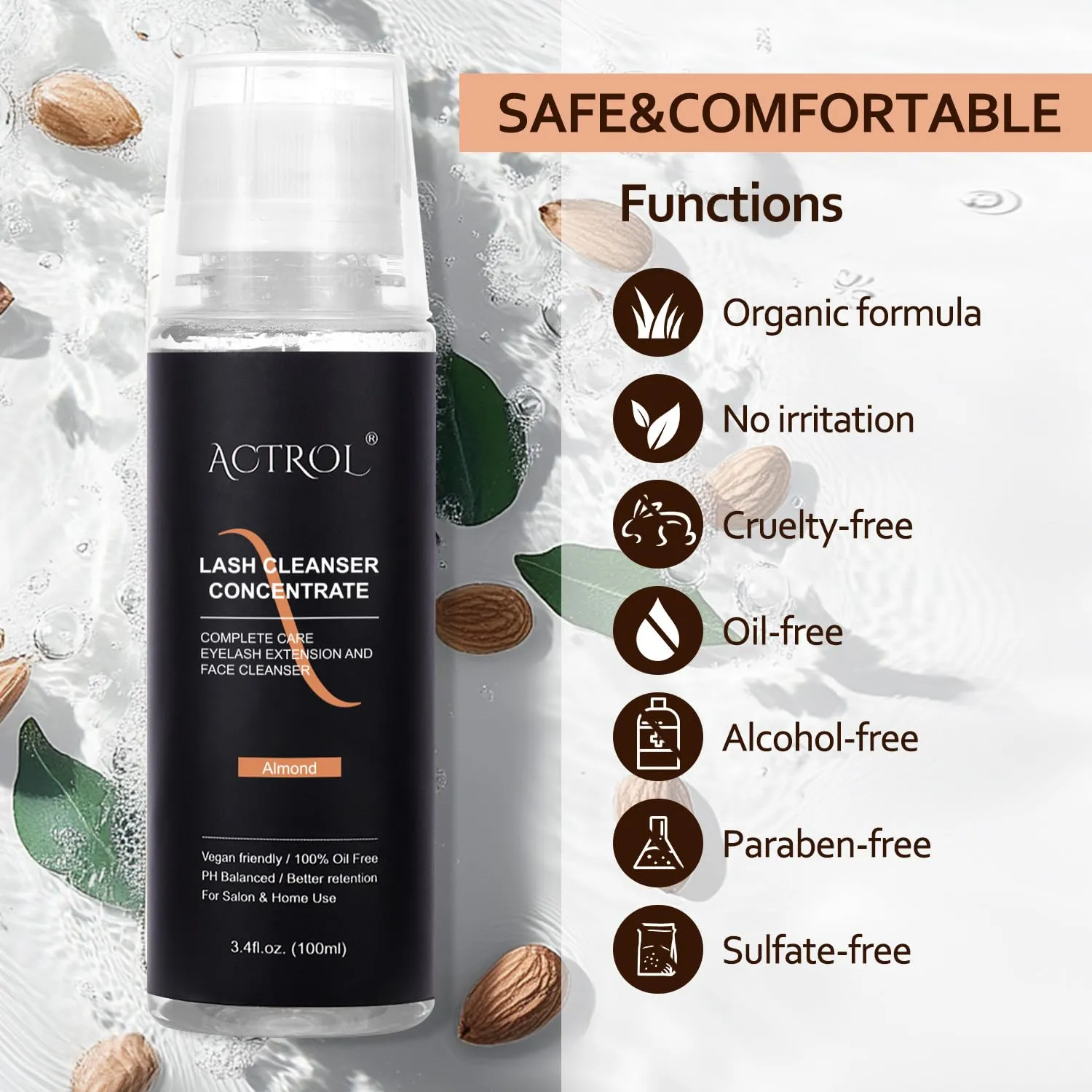 Eyelash Cleanser Concentrate 100ml Almond Professional Lash Shampoo Foaming Cleanser Lash Wash Concentrate for Extensions Lashes with Salon Home Care-Makes 40 Bottles Almond