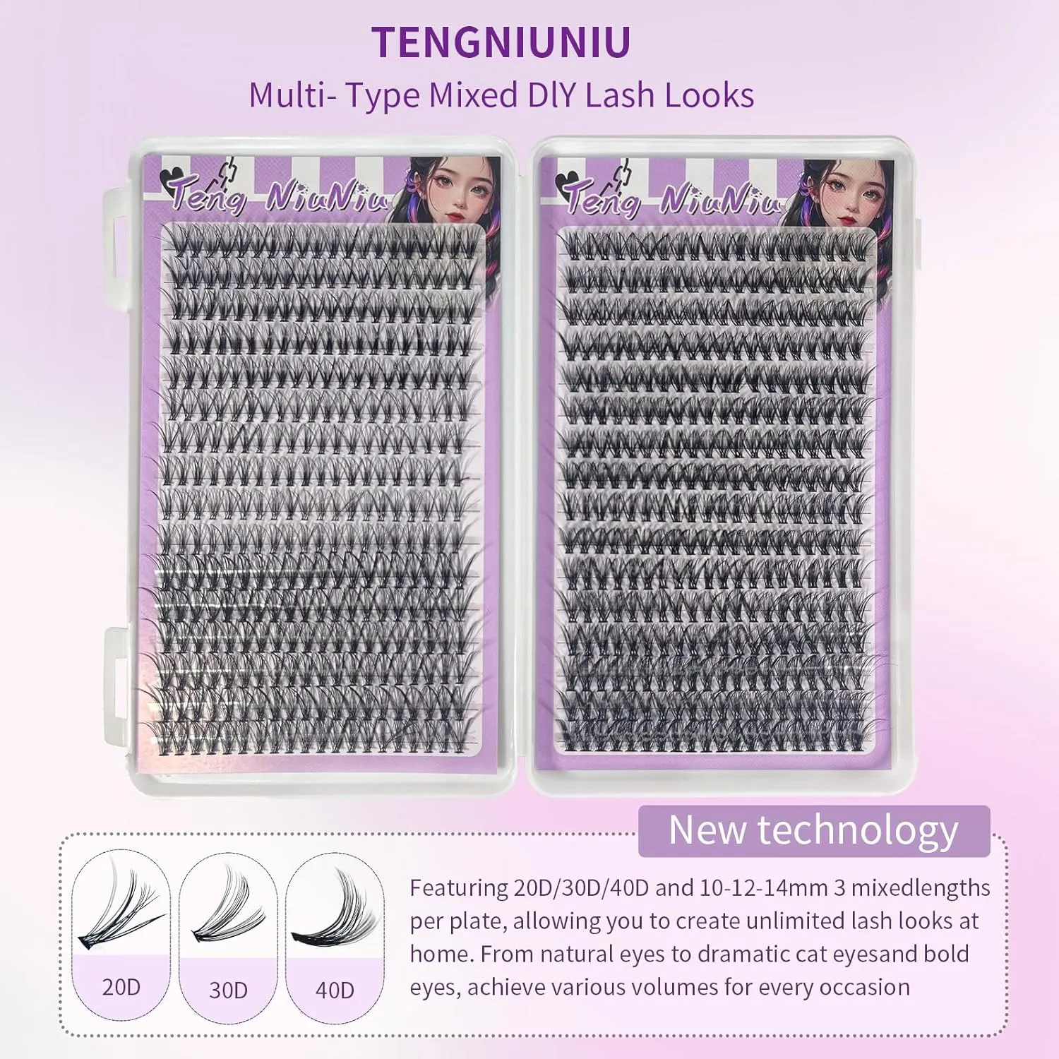 Eyelash Extension Kit - 30D & 40D Mix (32 Rows), D Curl 10-14mm with Large Capacity Eyelash Curler, Natural/Glamorous/Thick Effects for Beginners, 3D Volume & Cross Design
