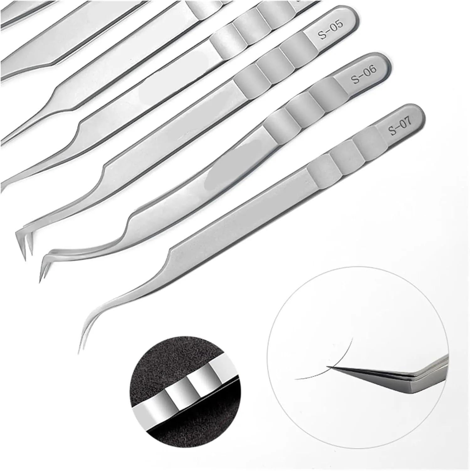 Eyelash Extension Tweezers Stainless Steel Eyebrow Precision Tweezers Fiber Tip Volume Isolation Lashes Extension Tweezer(Silver S-01 Tweezer)