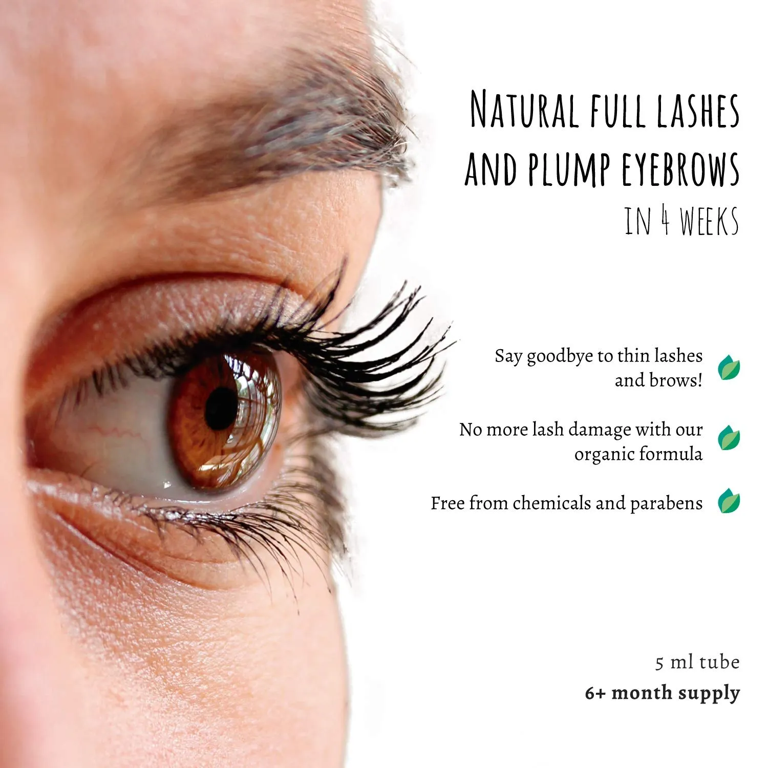 Eyelash Growth Serum - with Instant Lash Volume Effect. Eyebrow Growth Treatment. Dermatologist Approved Lash Enhancing Serum 2-4 Weeks (5ml Large Size) 6 months Use. Organic, Vegan & Cruelty-Free
