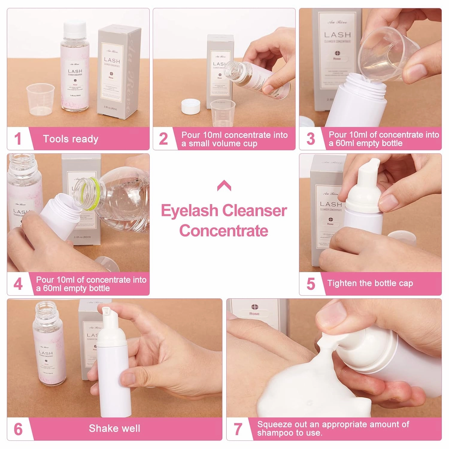 Eyelash Cleanser Concentrate 100ml Lash Extension Shampoo Oil-Free Eyelash Extension Shampoo with Salon Home Care -Makes 20 Bottles 60ml Lash Shampoo, Rose