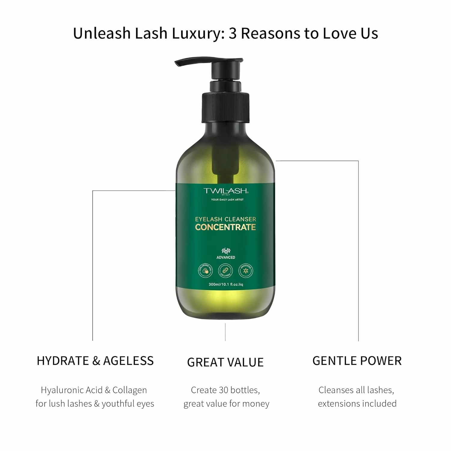 Eyelash Cleanser Concentrate 300ml/ 10.2oz - Professional Unscented Foaming Lash Shampoo for Extensions with Salon & Home Care - Makes 61.5oz Eyelash Shampoo