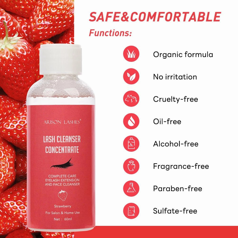 Eyelash Cleanser Concentrate 60ml Professional Lash Extensions Shampoo Natural Foaming Cleanser for Extensions Lashes with Salon Home Care-Makes 12 Bottles 60ml Eyelash Shampoo (strawberries)