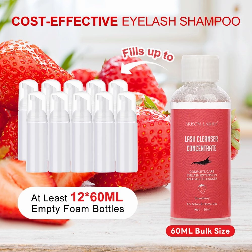 Eyelash Cleanser Concentrate 60ml Professional Lash Extensions Shampoo Natural Foaming Cleanser for Extensions Lashes with Salon Home Care-Makes 12 Bottles 60ml Eyelash Shampoo (strawberries)