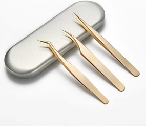 Eyelash Extension Tweezers, 3-Pack,Professional Stainless Steel Tweezers for Volume Lashes, Straight and Curved Tips for 3D-6D,Golden