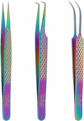 Eyelash Extension Tweezers Set of 3 Japanese Steel Straight Curved 45 Degree Angled Tip Volume Tweezers. (Multi Titanium Coated)