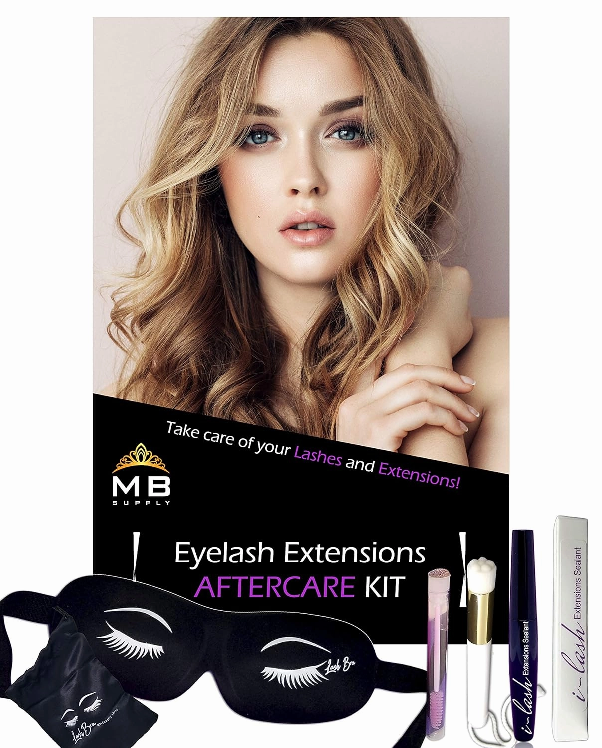 Eyelash Extensions Aftercare Kit With Sealant, Brush, Spoolie and 3D Deep Contour Sleep Mask! Protects Volume Lashes While Sleeping - BLACK Lash Bra