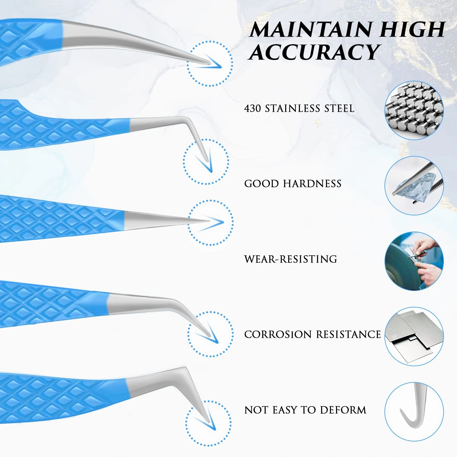 Eyelash Extensions Tweezers Professional Lash Tweezers for Volume, Isolation - Stainless Steel Hand Calibrated Straight/Curved & Angled Tips Precision Tweezers Set 5Pcs