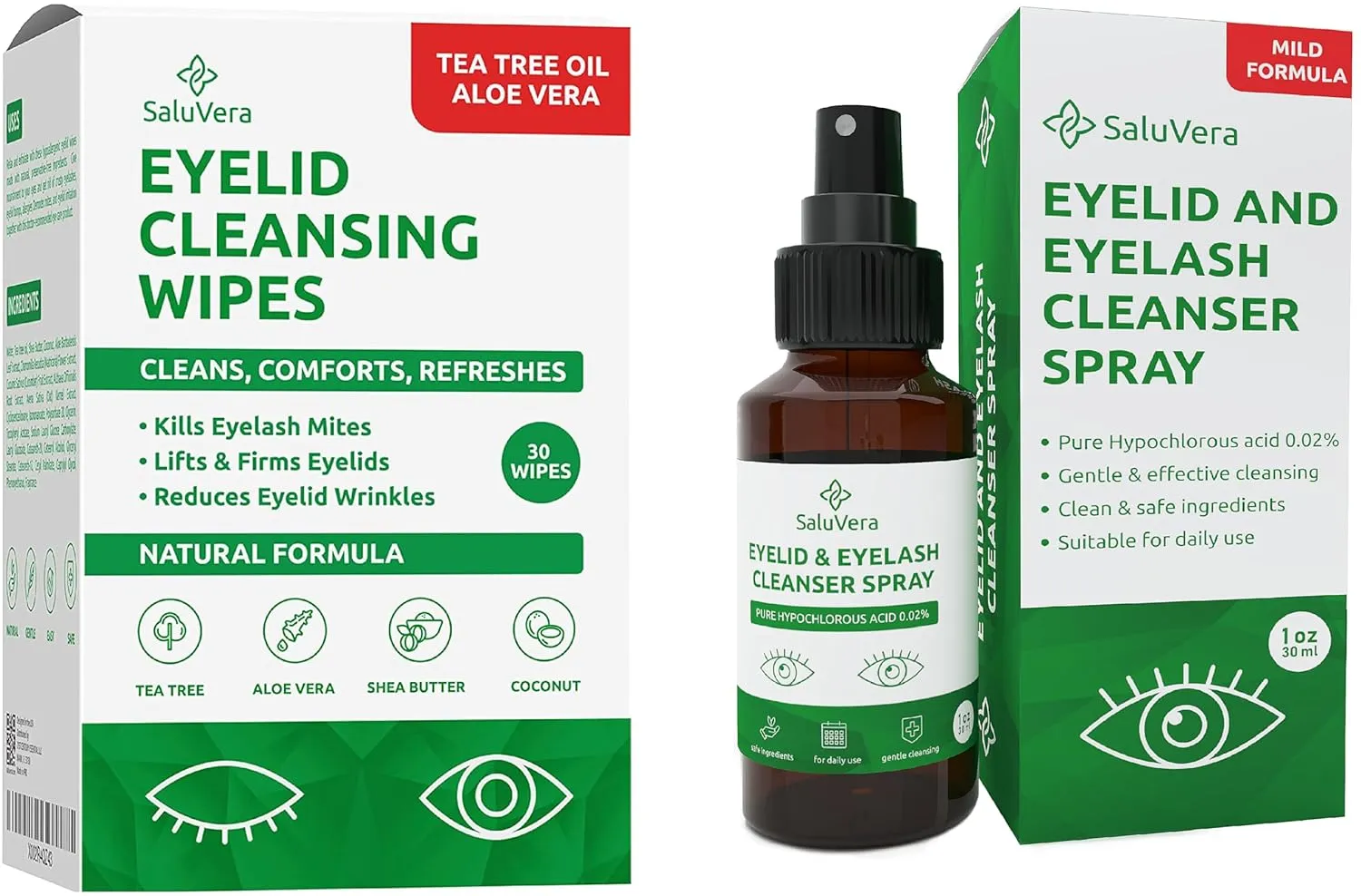 Eyelid Wipes & Hypochlorous Eyelid Cleanser Bundle | Tea Tree & Aloe Wipes   0.02% Hypochlorous Spray for Daily Eye Hygiene | Gently Cleans, Refreshes & Soothes | 30 Wipes   30ml Spray