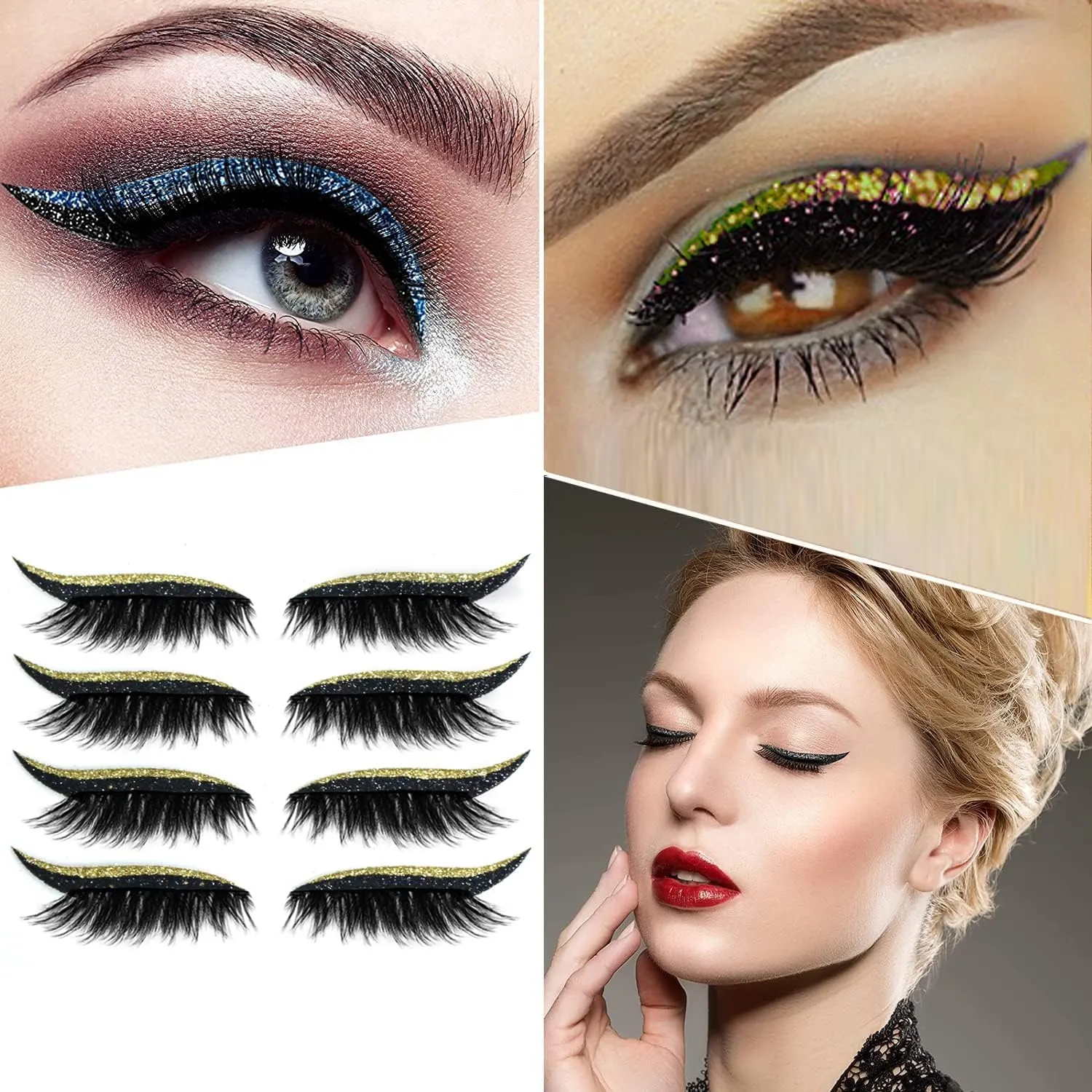 Eyeliner Stickers,Glitter Eyeliner Stickers 8 Pairs Eyelash Stickers Reusable Eyelid and Eyelash Stickers Makeup Stickers Waterproof (golden)