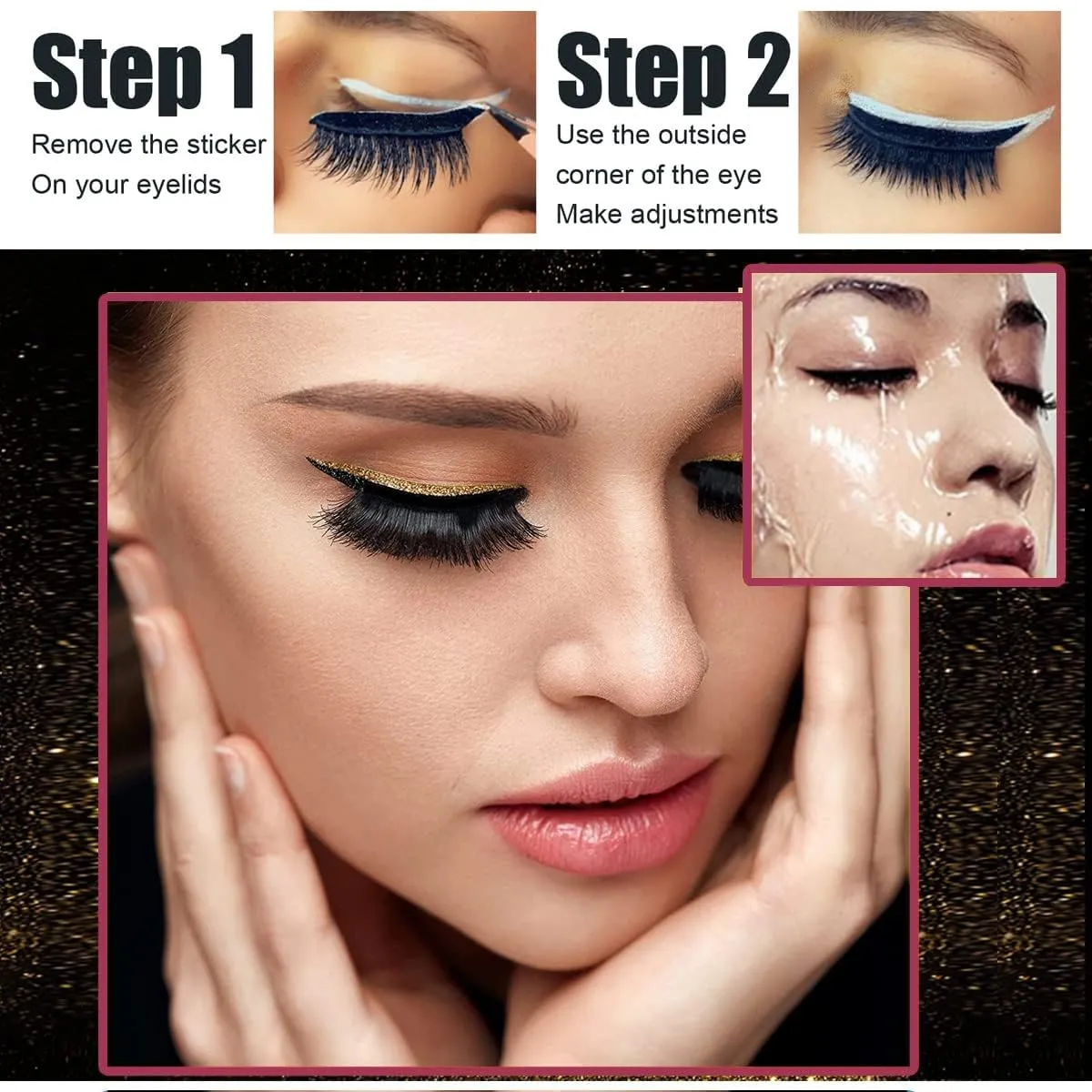 Eyeliner Stickers,Glitter Eyeliner Stickers 8 Pairs Eyelash Stickers Reusable Eyelid and Eyelash Stickers Makeup Stickers Waterproof (golden)