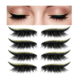 Eyeliner Stickers,Glitter Eyeliner Stickers 8 Pairs Eyelash Stickers Reusable Eyelid and Eyelash Stickers Makeup Stickers Waterproof (golden)