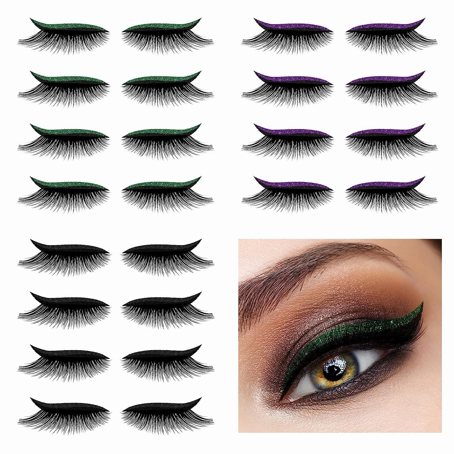 Eyeliner Sticker, 7 Pairs Eyeliner Sticker with Eyelashes False Eyelashes Waterproof Reusable Eyeliner Eyelash Stickers (Green)