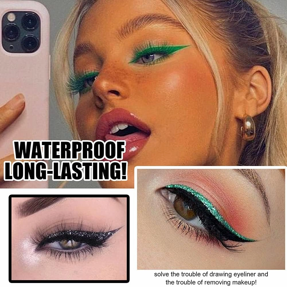 Eyeliner Sticker, 7 Pairs Eyeliner Sticker with Eyelashes False Eyelashes Waterproof Reusable Eyeliner Eyelash Stickers (Green)
