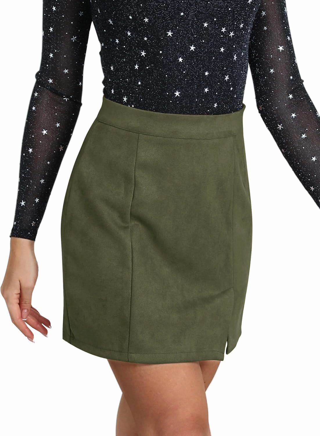Ezcosplay Women Faux Suede Sexy Mini Skirt with Slit High Waisted Zipper Back Pencil Bodycon Short Skirts