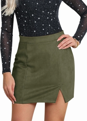 Ezcosplay Women Faux Suede Sexy Mini Skirt with Slit High Waisted Zipper Back Pencil Bodycon Short Skirts