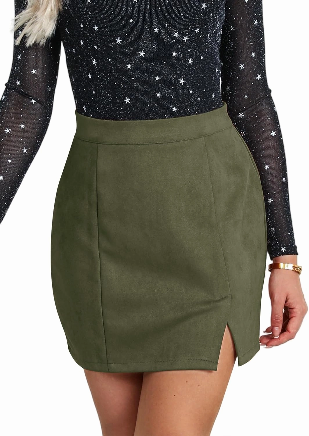 Ezcosplay Women Faux Suede Sexy Mini Skirt with Slit High Waisted Zipper Back Pencil Bodycon Short Skirts
