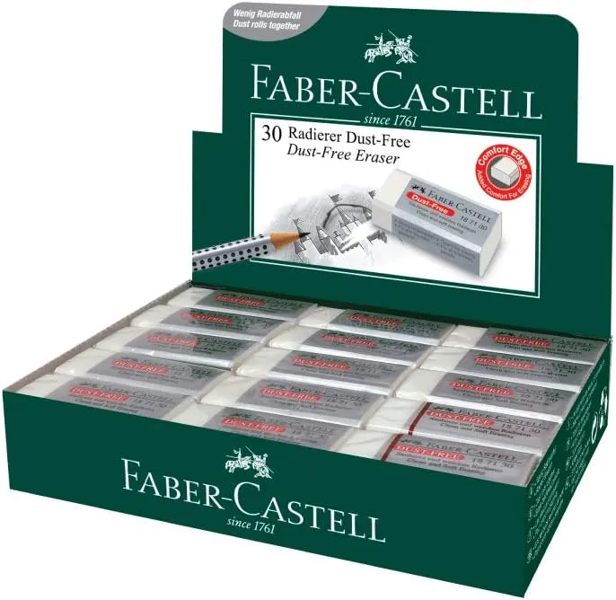 Faber-Castell Dust Free White Eraser (Box of 30) - Soft Erasing, Comfort Edge, Latex Free, Great for Black Lead Erasing for School, Office & Home