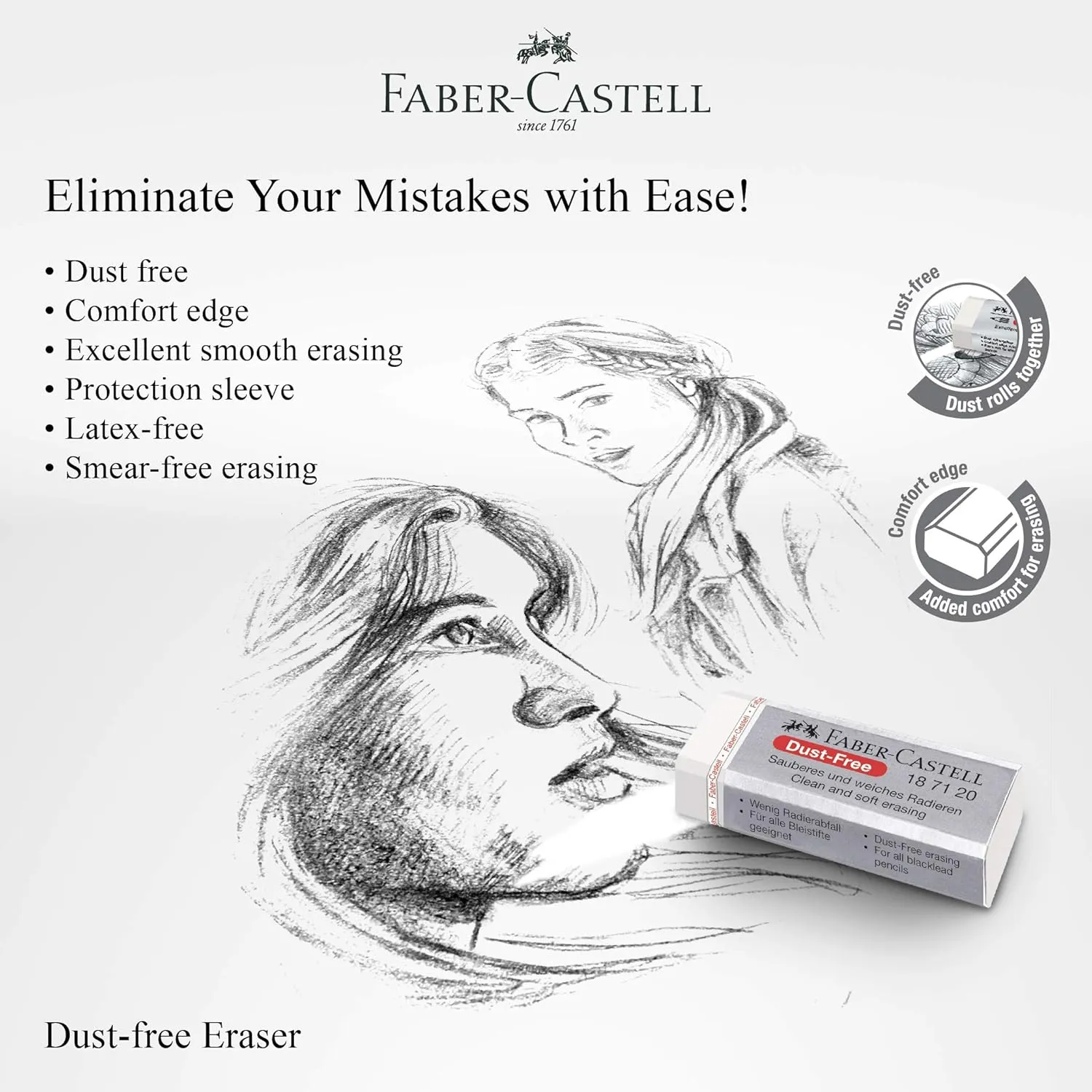 Faber-Castell Dust Free White Eraser (Box of 30) - Soft Erasing, Comfort Edge, Latex Free, Great for Black Lead Erasing for School, Office & Home