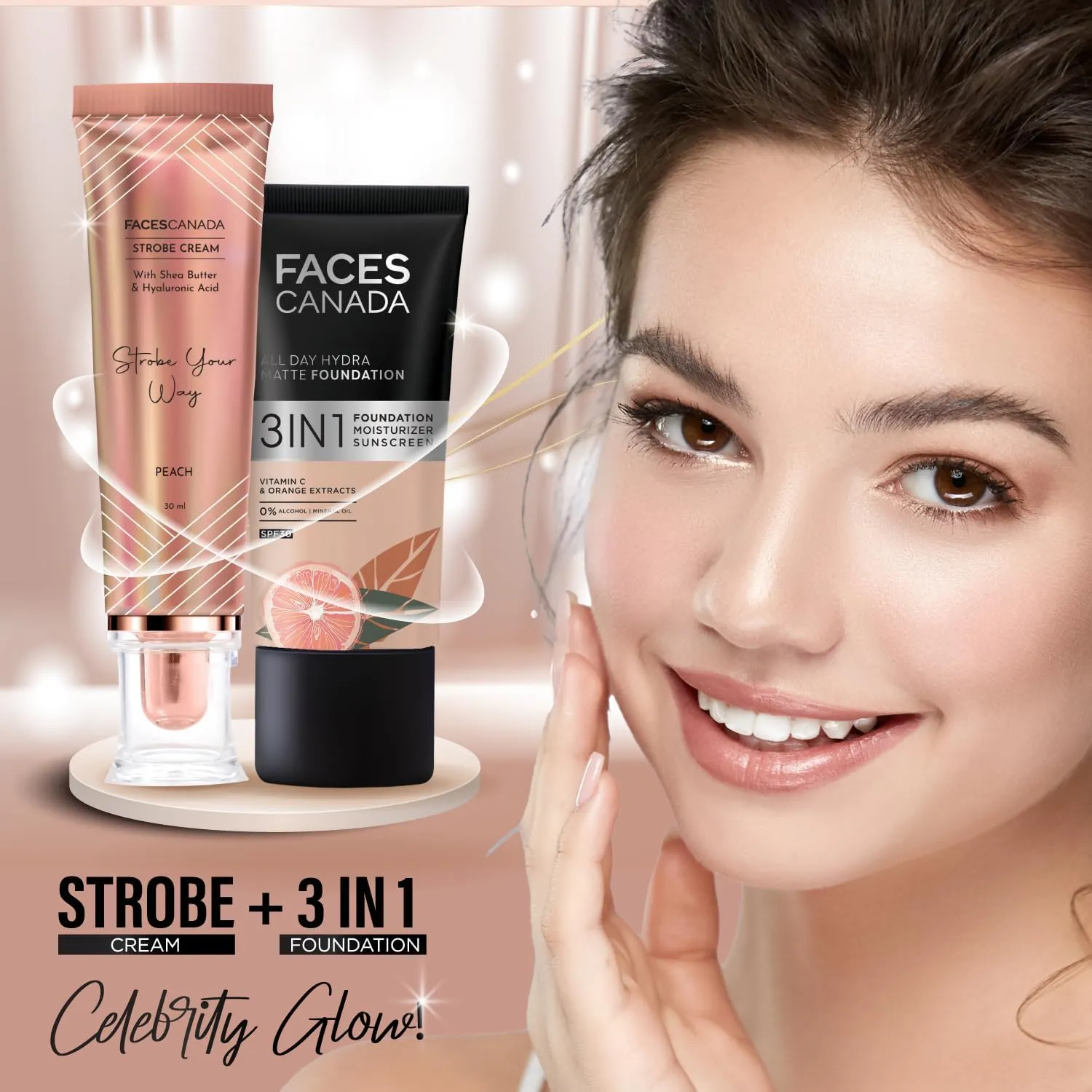 FACES CANADA Strobe Cream - Gold, 30g | Primer   Highlighter   Moisturizer | Shea Butter & Hyaluronic Acid | Intense Hydration Illuminating & Glowing Makeup Base (Peach, 1.05 ounce)