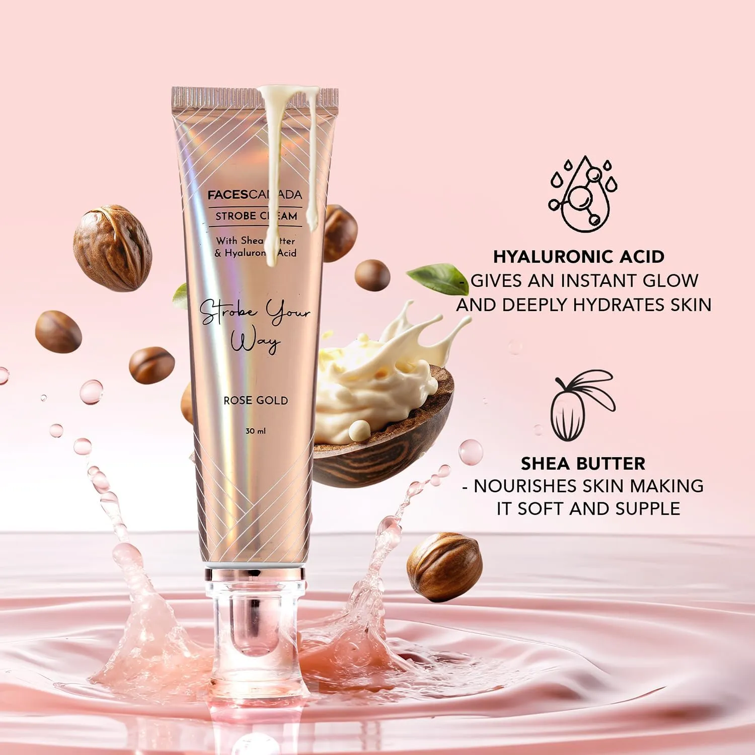 FACES CANADA Strobe Cream - Gold, 30g | Primer   Highlighter   Moisturizer | Shea Butter & Hyaluronic Acid | Intense Hydration Illuminating & Glowing Makeup Base (Peach, 1.05 ounce)