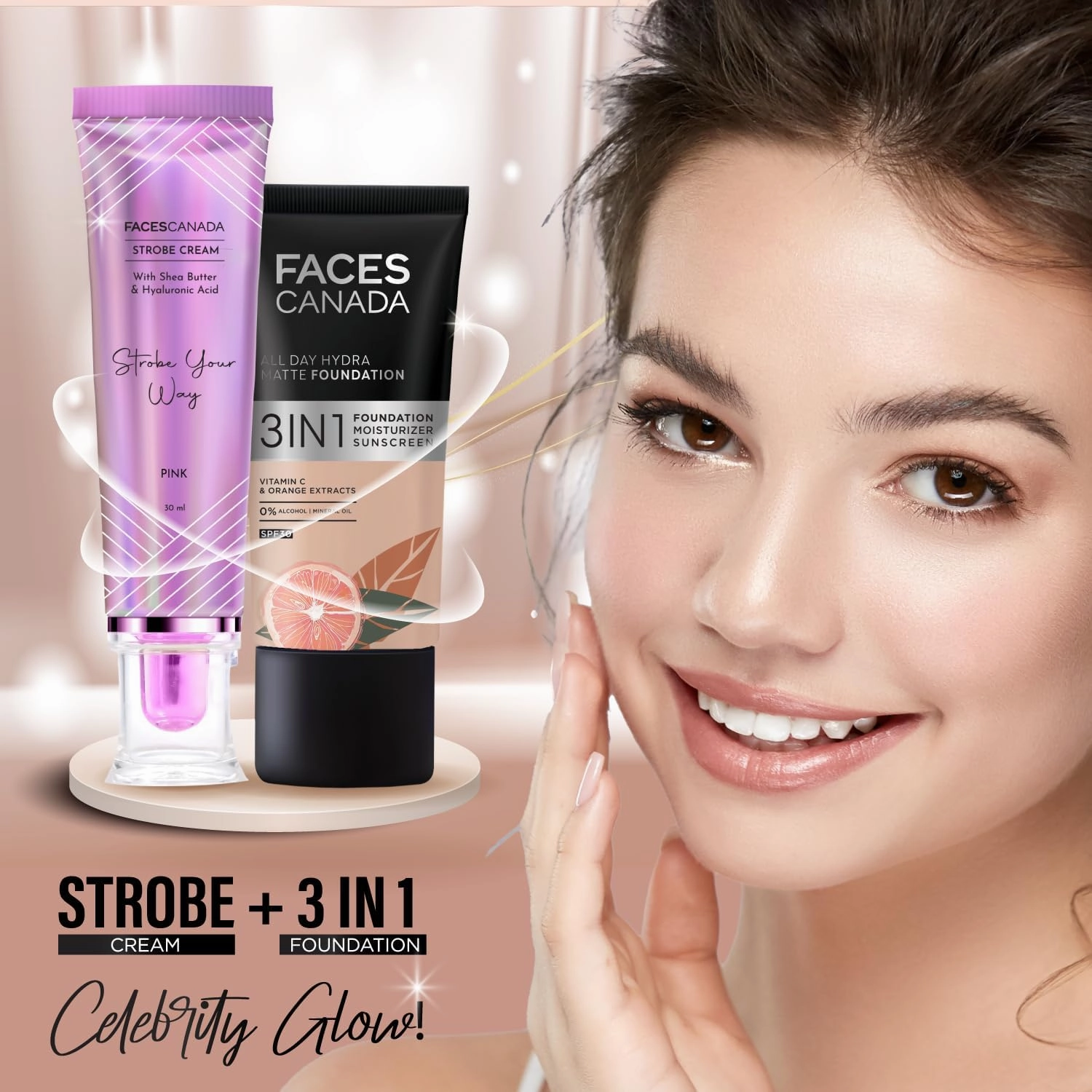 FACES CANADA Strobe Cream - Gold, 30g | Primer   Highlighter   Moisturizer | Shea Butter & Hyaluronic Acid | Intense Hydration Illuminating & Glowing Makeup Base (Pink, 1.05 ounce)