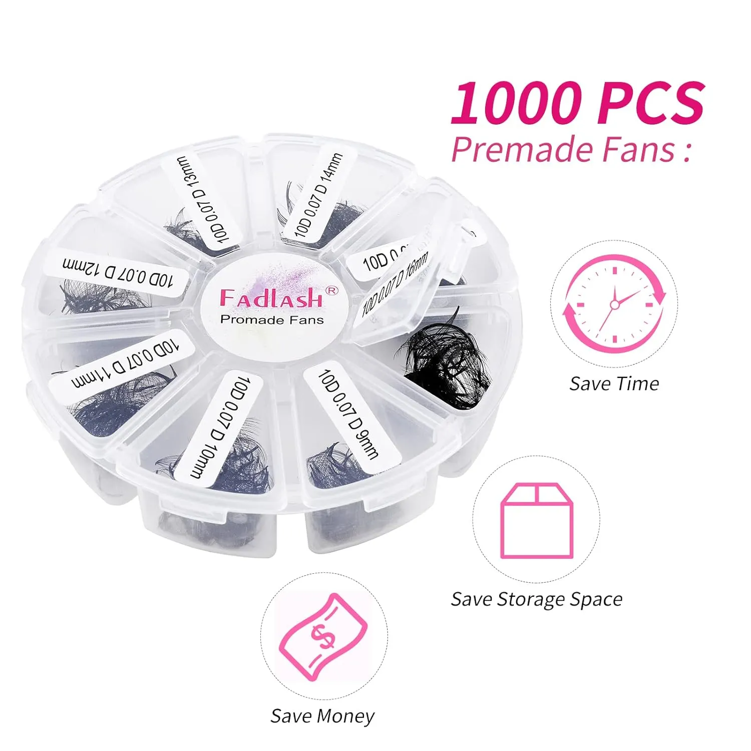FADLASH 1000 Fans 10D Premade Volume Eyelash Extensions Mixed Tray Premade Fans Eyelash Extensions D Curl Premade Lash Fans Pointed Handmade Promade Loose Fans Thin Base (10D-0.07D,9-16mm)
