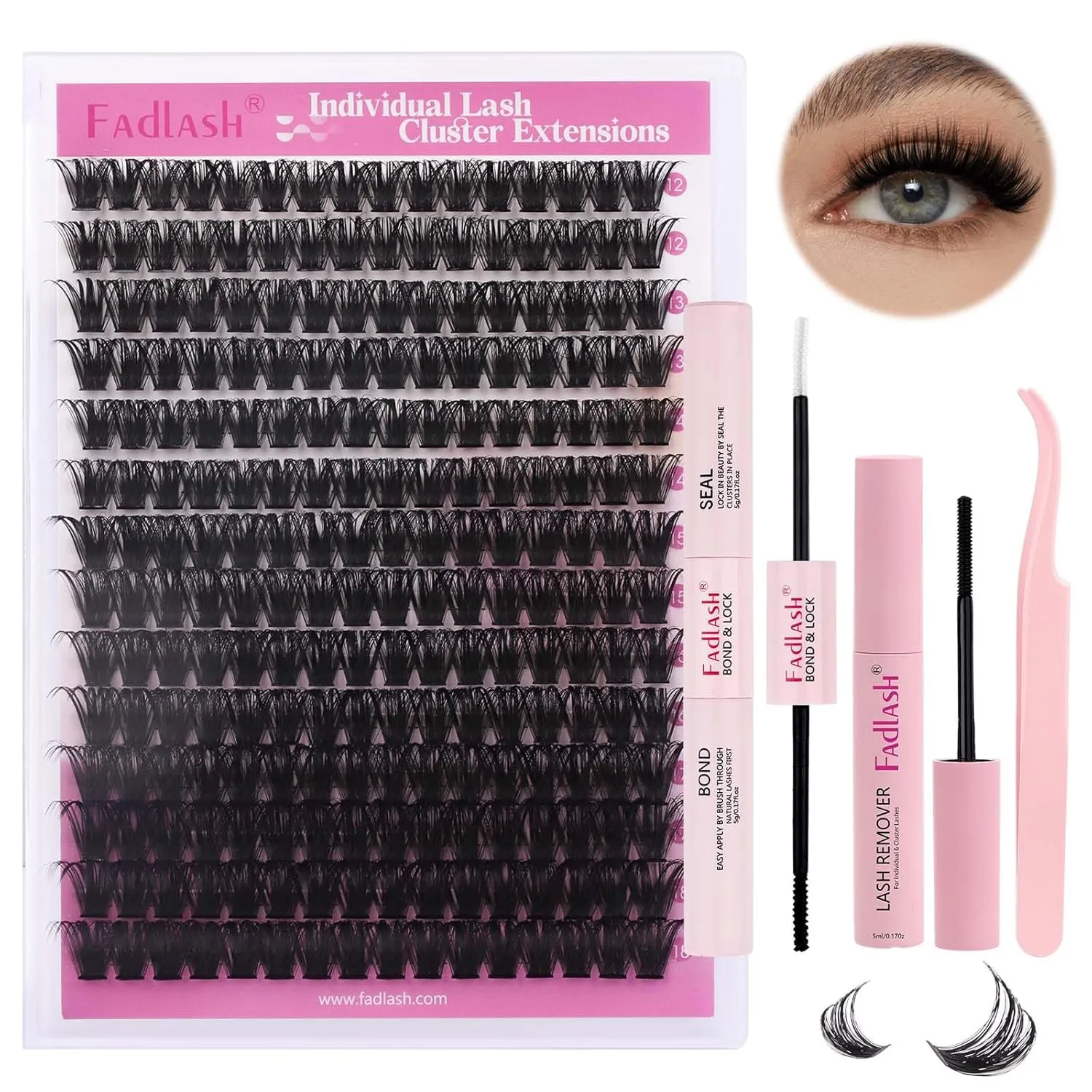 FADLASH Lash Extension DIY Kit Lash Clusters D Curl Cluster Lashes with Lash Bond and Seal Cluster Lashes Glue Remover Lash Tweezers for DIY Eyelash Extension at Home（Kit 100D-0.07D-12-18MIX）, black