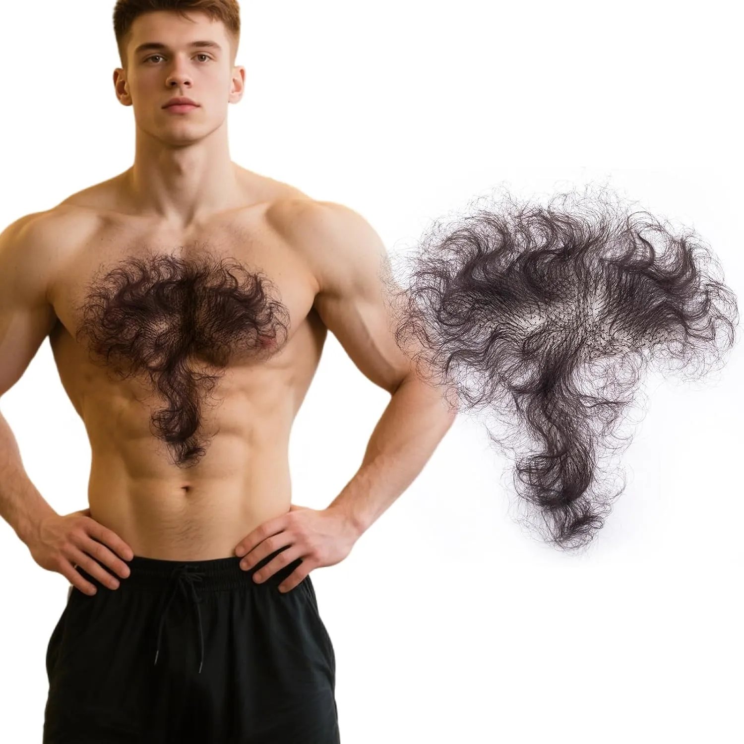 Fake Chest Hair Body Hairs Adding Hair Volume Enhancement of Manliness Handmade Full Lace Fake Realistic Chest hair (Brownish Black)