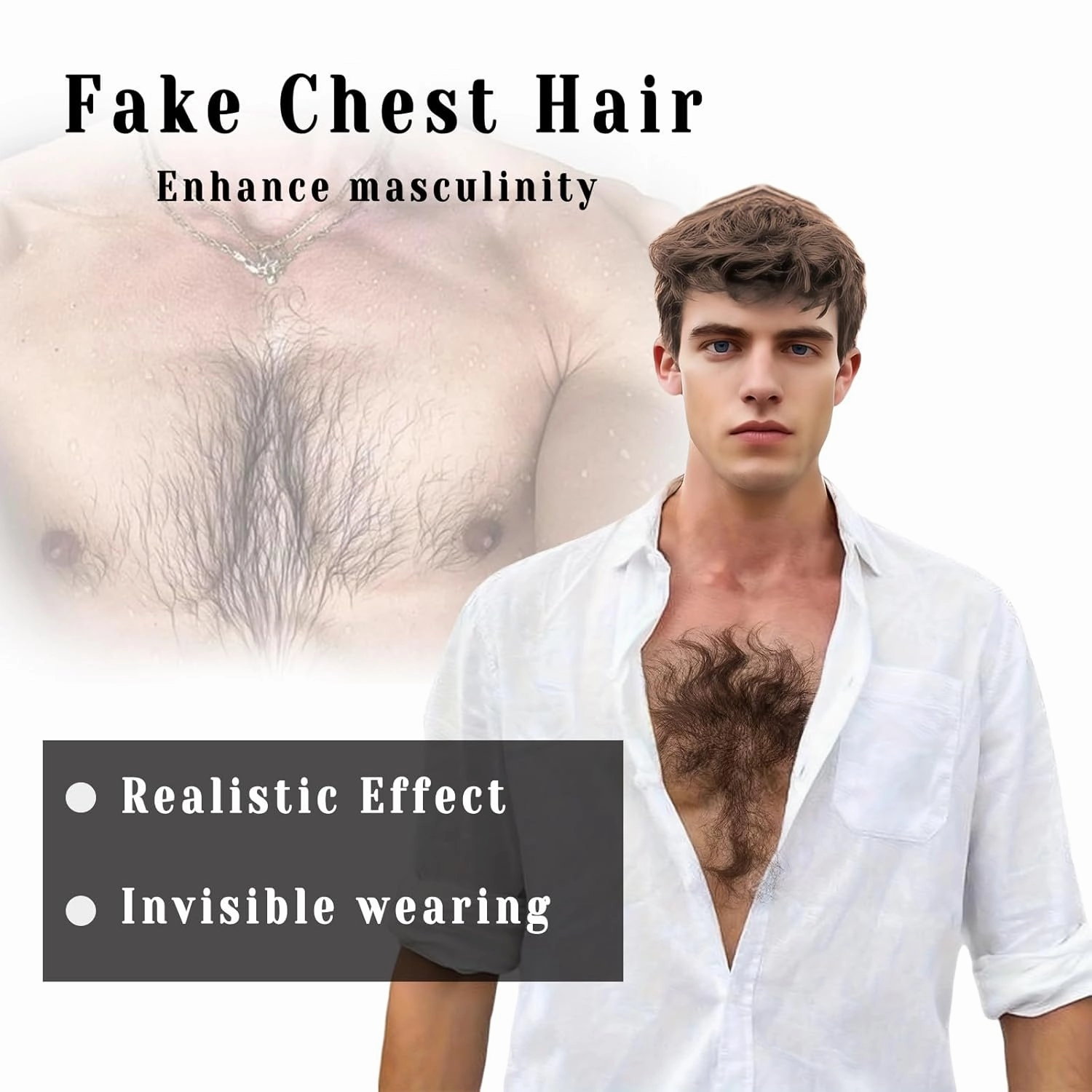 Fake Chest Hair Body Hairs Adding Hair Volume Enhancement of Manliness Handmade Full Lace Fake Realistic Chest hair (Dark Brown)