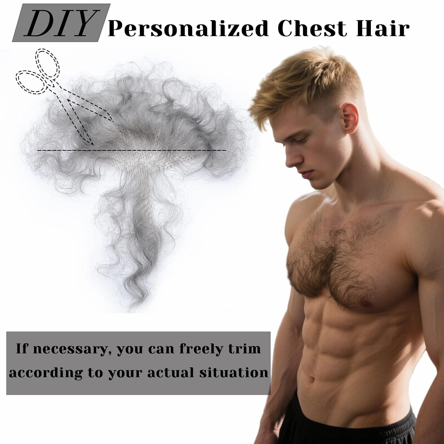 Fake Chest Hair Body Hairs Adding Hair Volume Enhancement of Manliness Handmade Full Lace Fake Realistic Chest hair (Silver Gray)