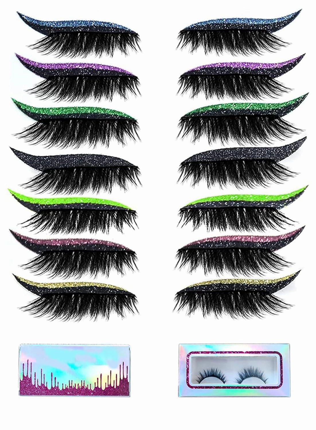 False Eyelashes,7Pairs Reusable Eyeliner and Eyelash Stickers,Glitter Eyeliner Stick False Eyelash Eye Makeup Stickers,Easy to Wear and Remove,Women Make Up Glitter Lashes Eyeliner stickers