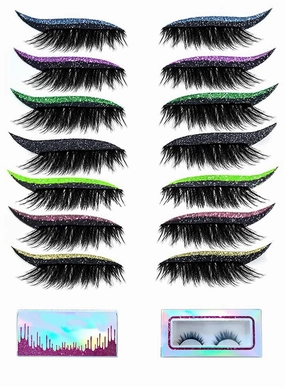 False Eyelashes,7Pairs Reusable Eyeliner and Eyelash Stickers,Glitter Eyeliner Stick False Eyelash Eye Makeup Stickers,Easy to Wear and Remove,Women Make Up Glitter Lashes Eyeliner stickers