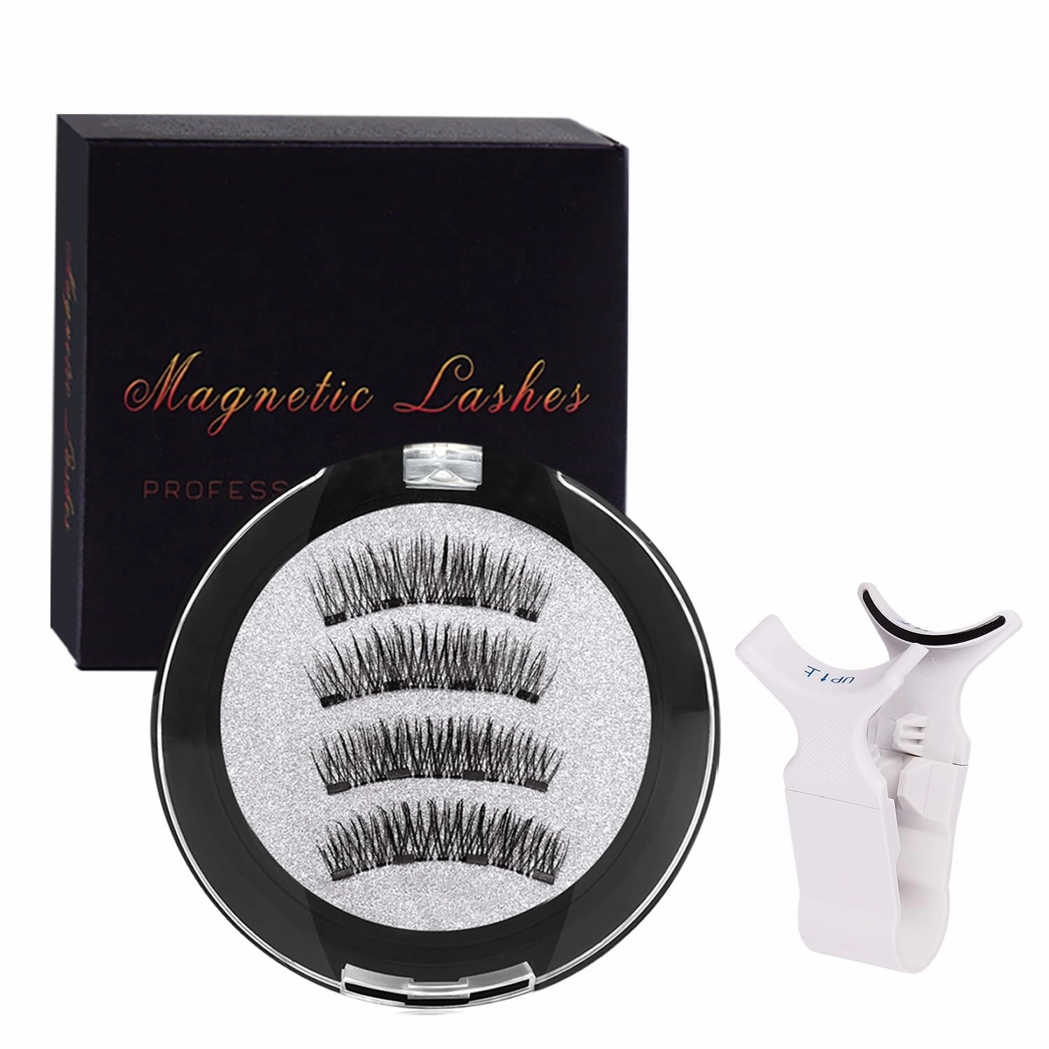 False Eyelashes with Magnetic Suction Cups, Thick 3D Faux Lashes, No Glue Needed (24P-4  eyelash curler)