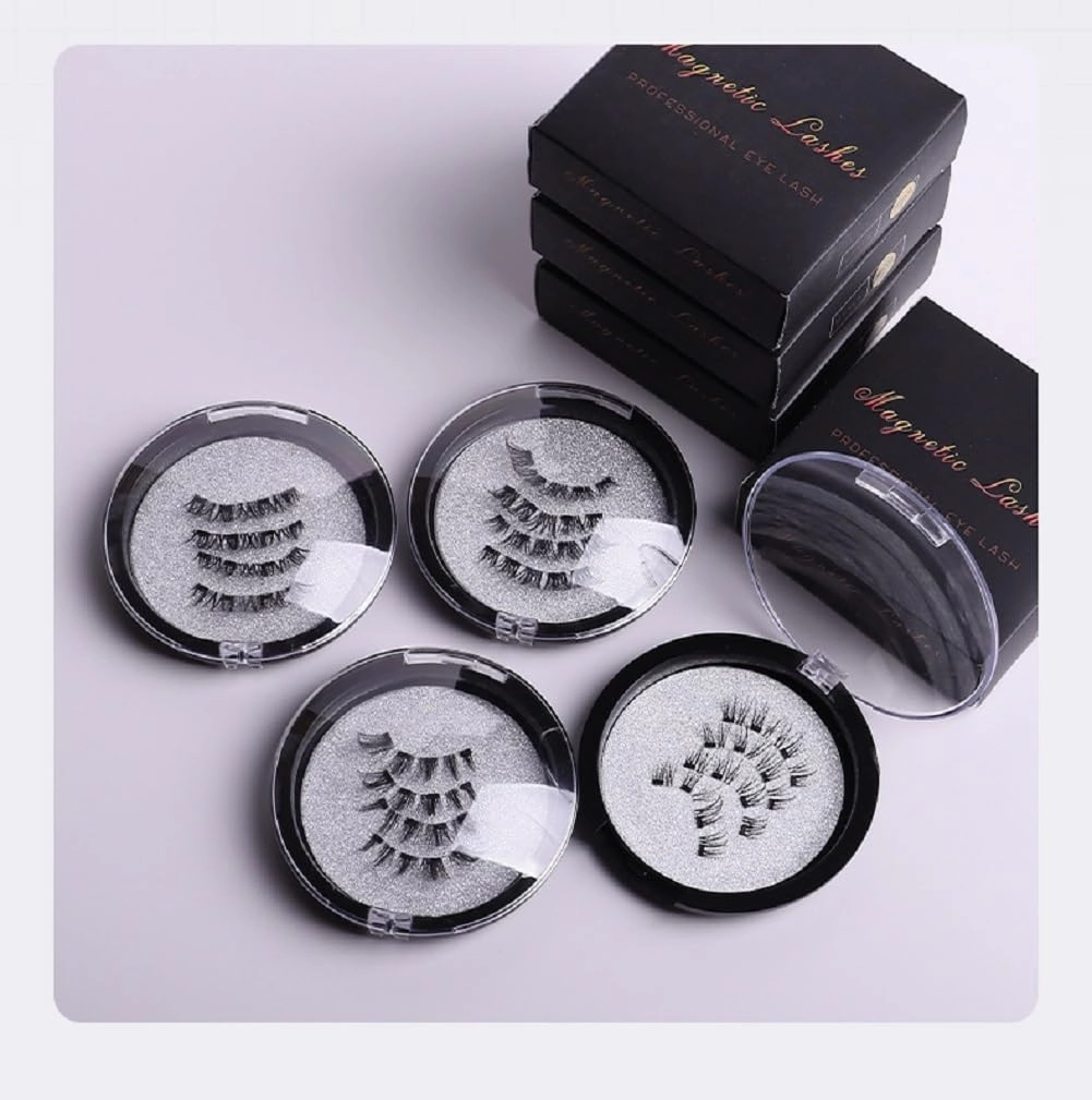False Eyelashes with Magnetic Suction Cups, Thick 3D Faux Lashes, No Glue Needed (24P-4  eyelash curler)