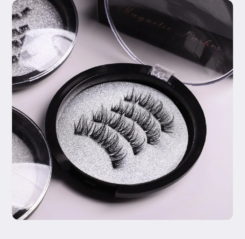 False Eyelashes with Magnetic Suction Cups, Thick 3D Faux Lashes, No Glue Needed (24P-4  eyelash curler)