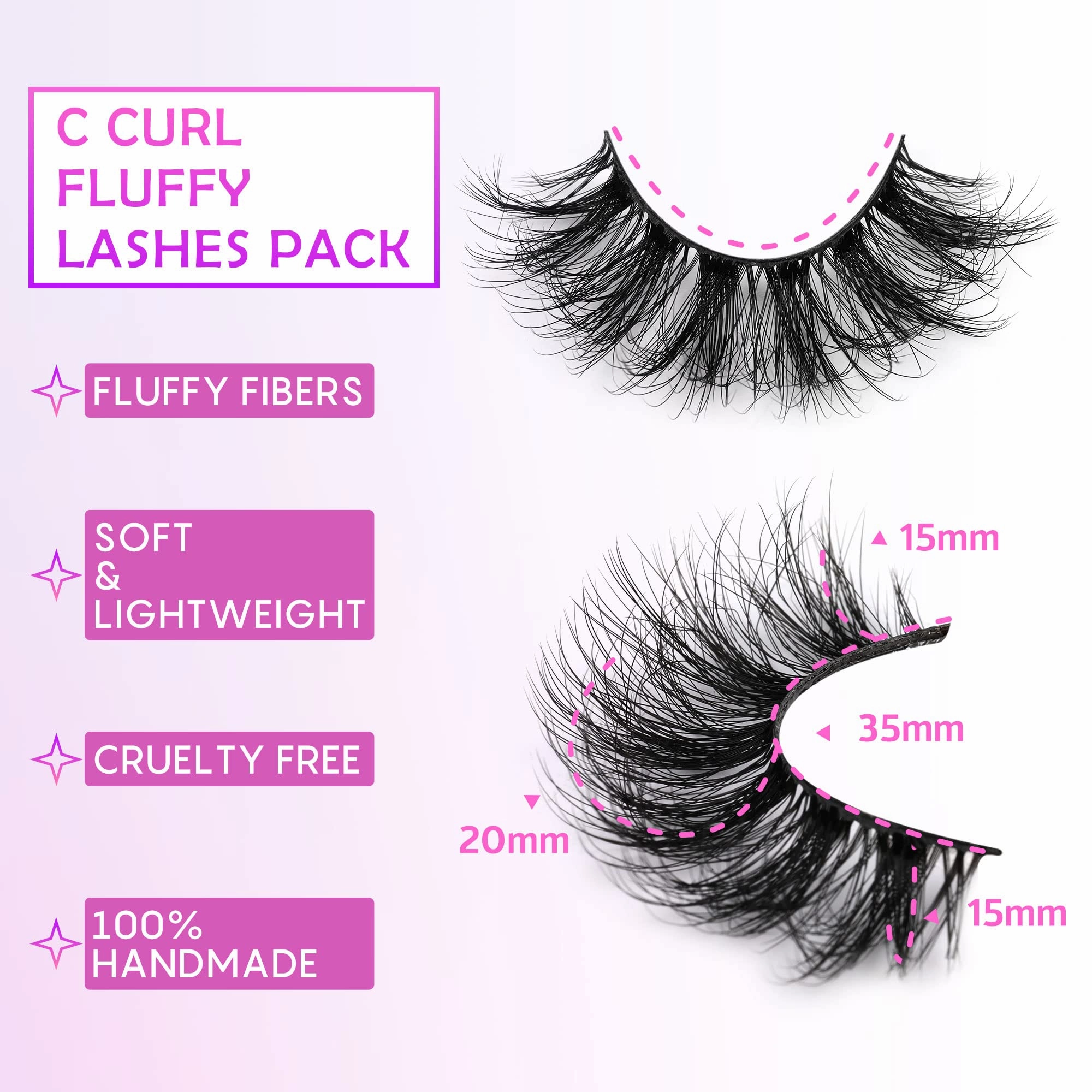 False Lashes Fluffy Lashes Full Curly Eyelashes 20mm Lashes Volume Strip Lashes Natural Strip Lashes Pack Focipeysa