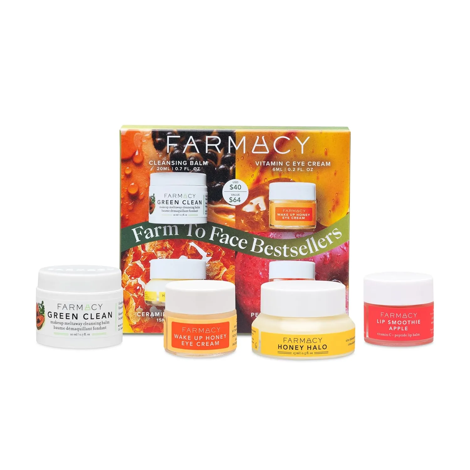 Farmacy Bestsellers Skin Care Set - Includes Green Clean Cleansing Balm, Wake Up Honey Eye Cream, Honey Halo Face Moisturizer   Lip Smoothie - Travel Size Skincare for Healthy, Glowing Skin (4 Count)