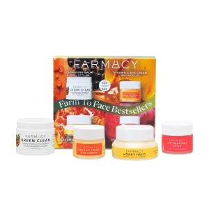 Farmacy Bestsellers Skin Care Set - Includes Green Clean Cleansing Balm, Wake Up Honey Eye Cream, Honey Halo Face Moisturizer   Lip Smoothie - Travel Size Skincare for Healthy, Glowing Skin (4 Count)