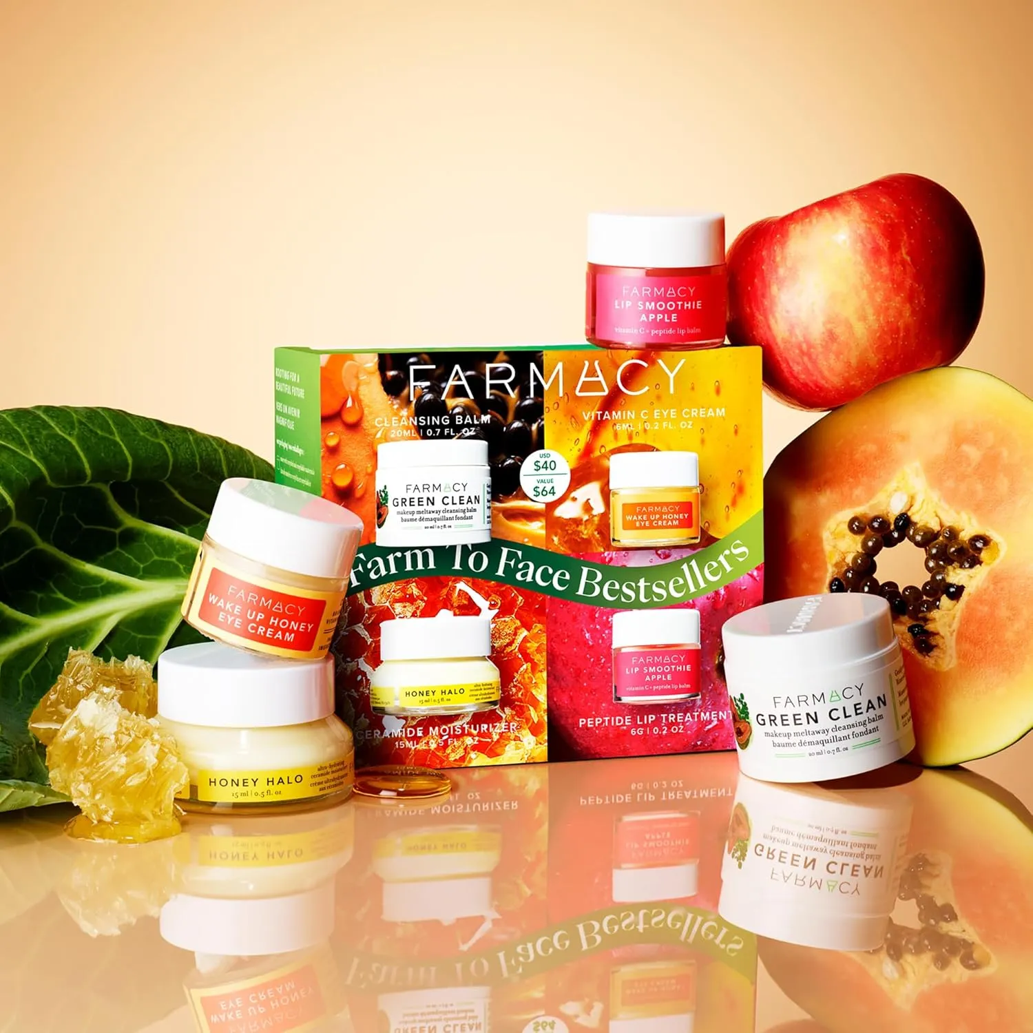 Farmacy Bestsellers Skin Care Set - Includes Green Clean Cleansing Balm, Wake Up Honey Eye Cream, Honey Halo Face Moisturizer   Lip Smoothie - Travel Size Skincare for Healthy, Glowing Skin (4 Count)