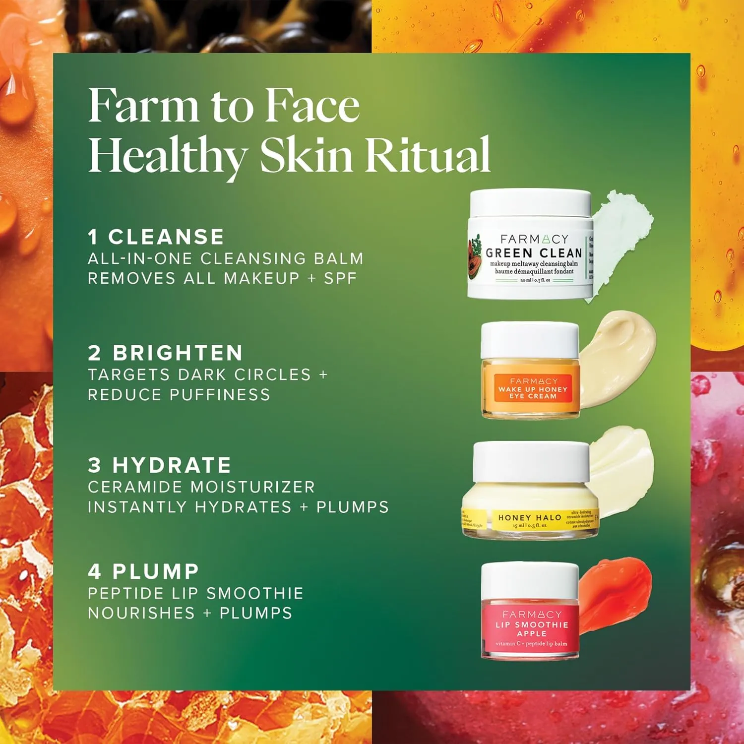 Farmacy Bestsellers Skin Care Set - Includes Green Clean Cleansing Balm, Wake Up Honey Eye Cream, Honey Halo Face Moisturizer   Lip Smoothie - Travel Size Skincare for Healthy, Glowing Skin (4 Count)