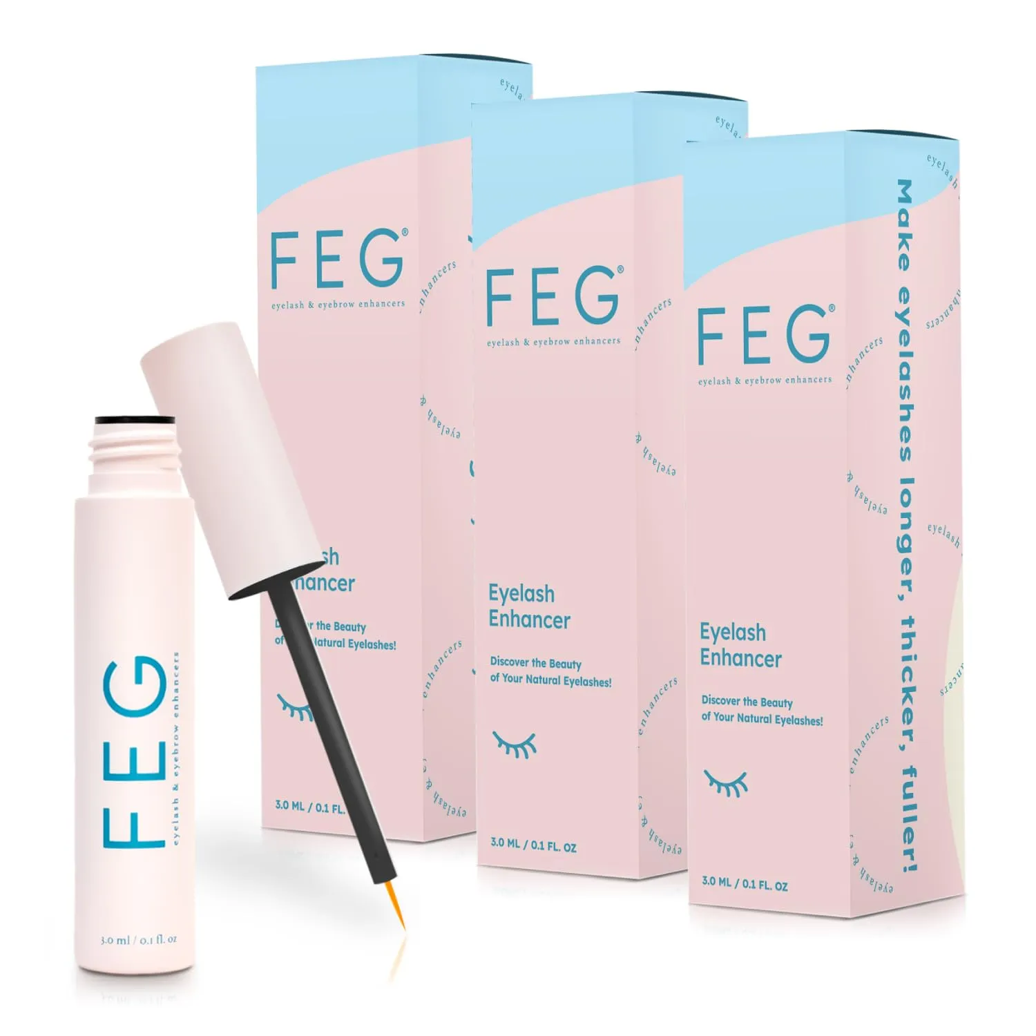 FEG Eyelash Enhancer Rapid Eyelash Growth Serum with Natural Ingredients | Lash Serum for Growing Naturally Thick, Full, and Long Eyelashes | Stimulates Natural Eyelash Growth | 3-Pack of 3ml Tubes