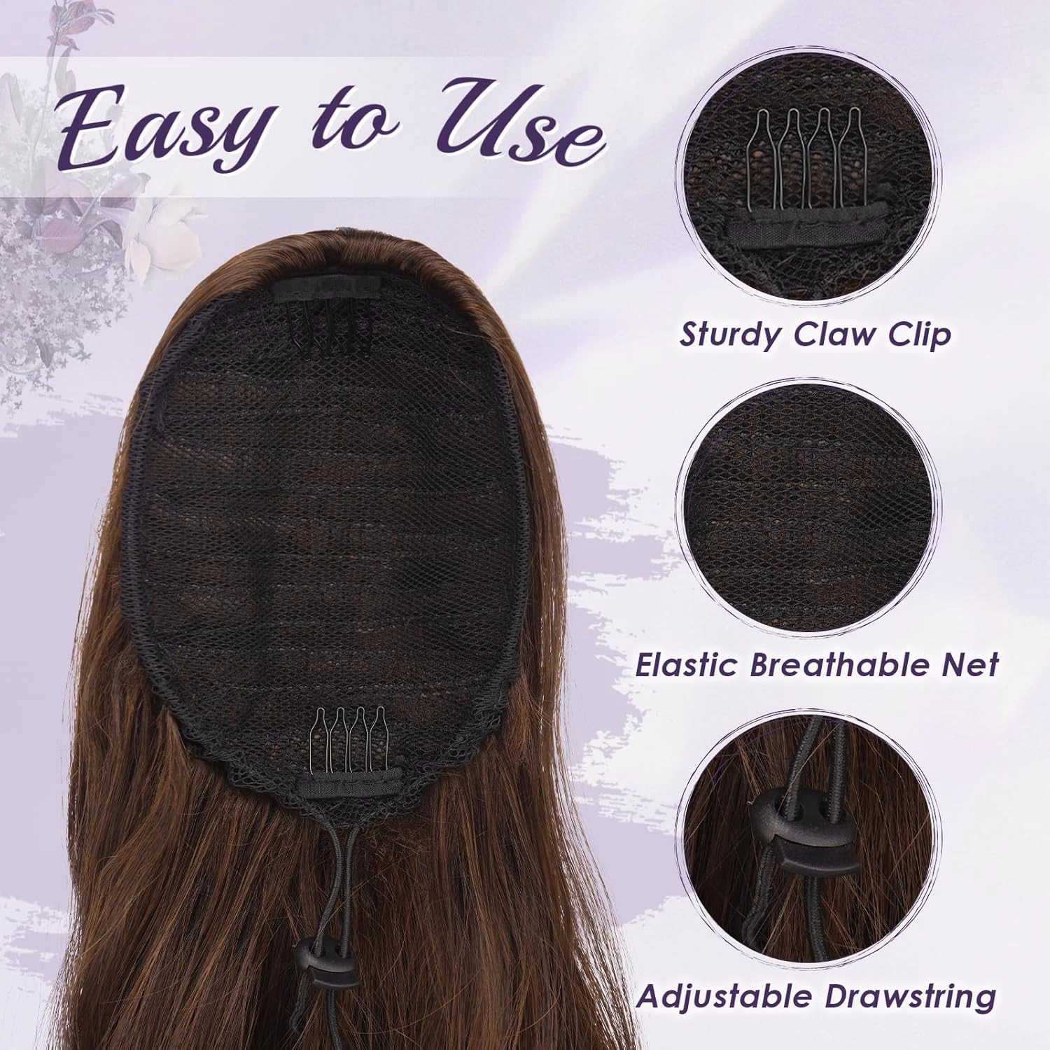 FESHFEN Drawstring Ponytail Extension, Natural Long Wavy Layered Synthetic Pony Tails Brown & Auburn Mixed Hair Extensions Hairpieces for Women, 20 inch