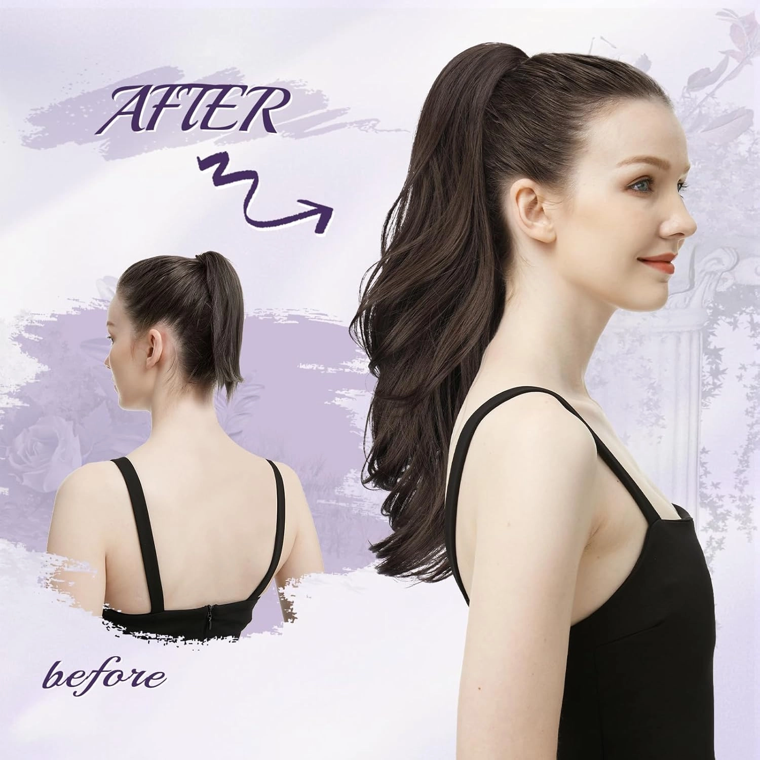 FESHFEN Drawstring Ponytail Extension, Natural Long Wavy Layered Synthetic Pony Tails Brown & Auburn Mixed Hair Extensions Hairpieces for Women, 20 inch
