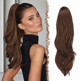 FESHFEN Drawstring Ponytail Extension, Natural Long Wavy Layered Synthetic Pony Tails Brown & Auburn Mixed Hair Extensions Hairpieces for Women, 20 inch
